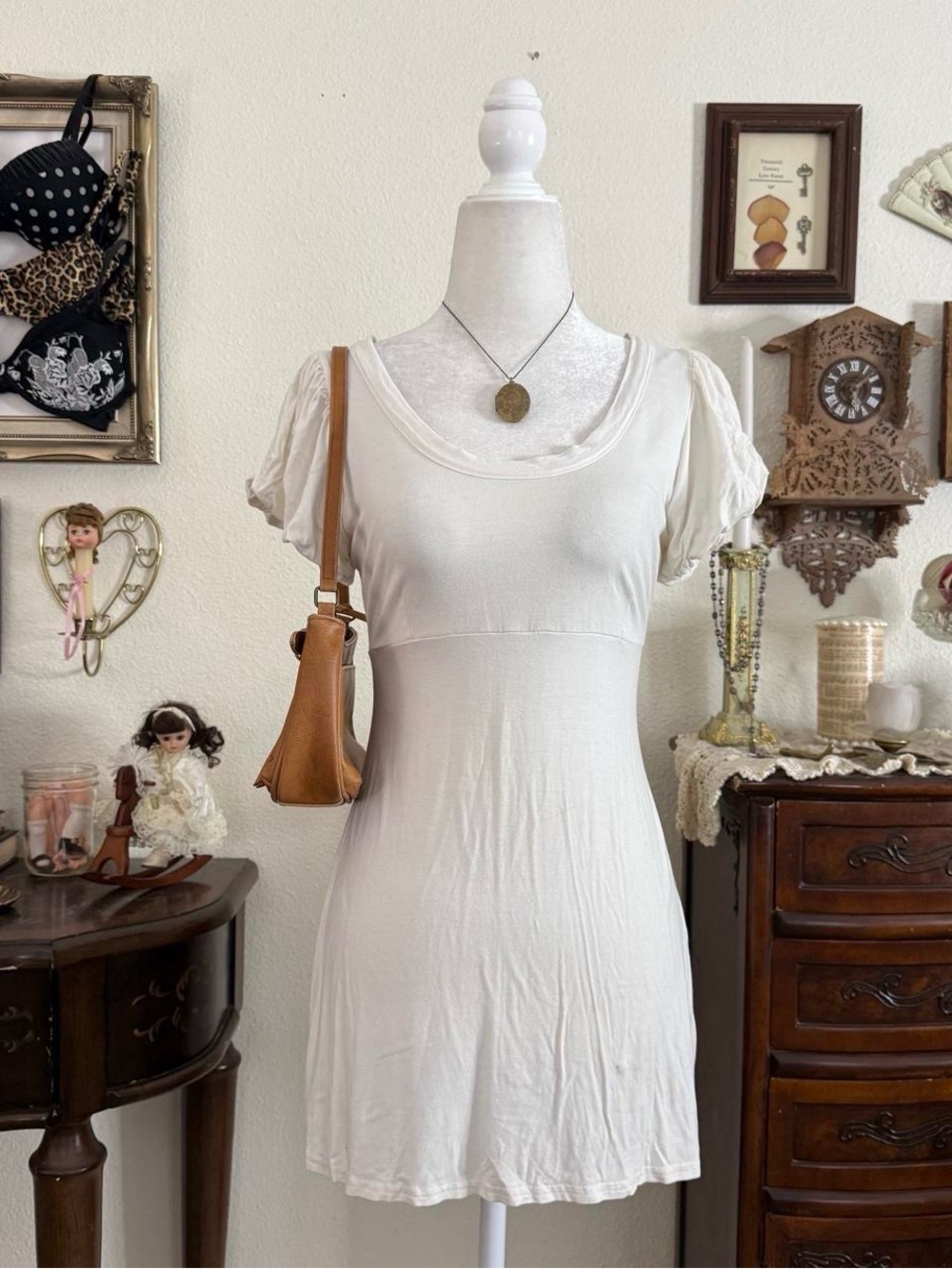 Girly grunge coquette dainty white long babydoll tunic top w puff sleeves